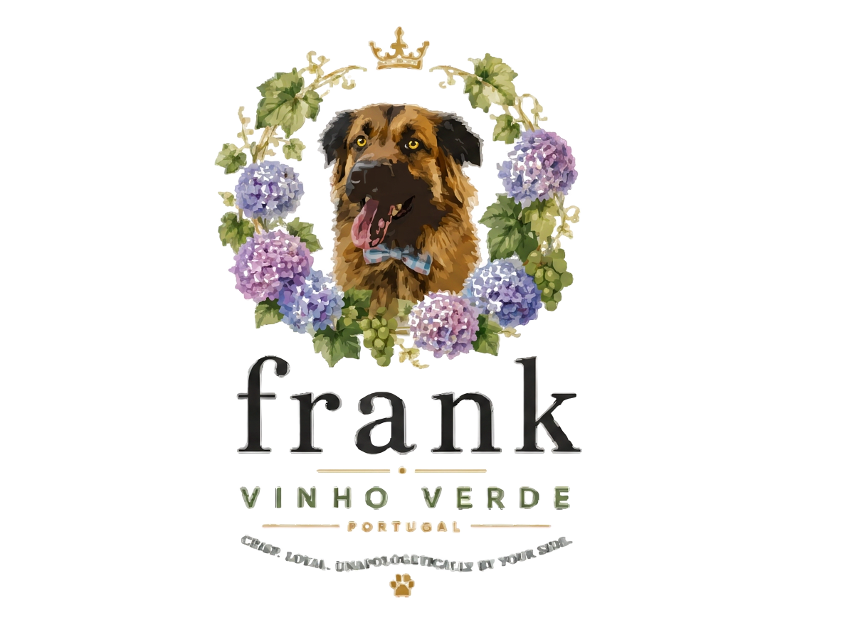 Frank logo featuring a bow-tied dog framed by hydrangeas and grapes